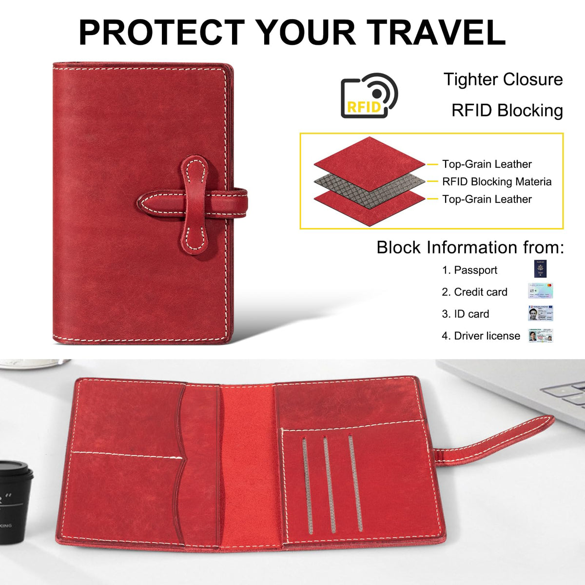 une diffe Leather Passport Holder for Travel Women Men, RFID Blocking Card Slot, Top-Grain leather with Magic Buckle, Boarding Pass Pocket,Retro Passport Wallet,Red