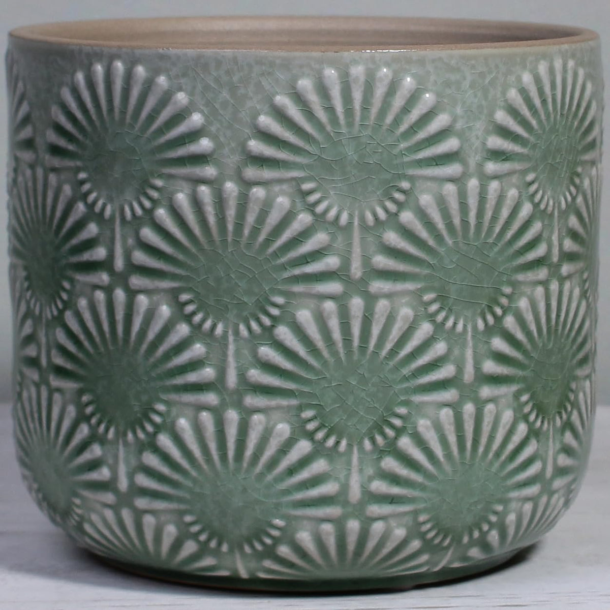 Xiaan Jiaju Boho Embossed Ceramic Flower Pot, 6.7 Inch Contemporary Pots for Indoor Plants, Scandinavian Decorative Glazed Planter with Fan Pattern, Mint Green