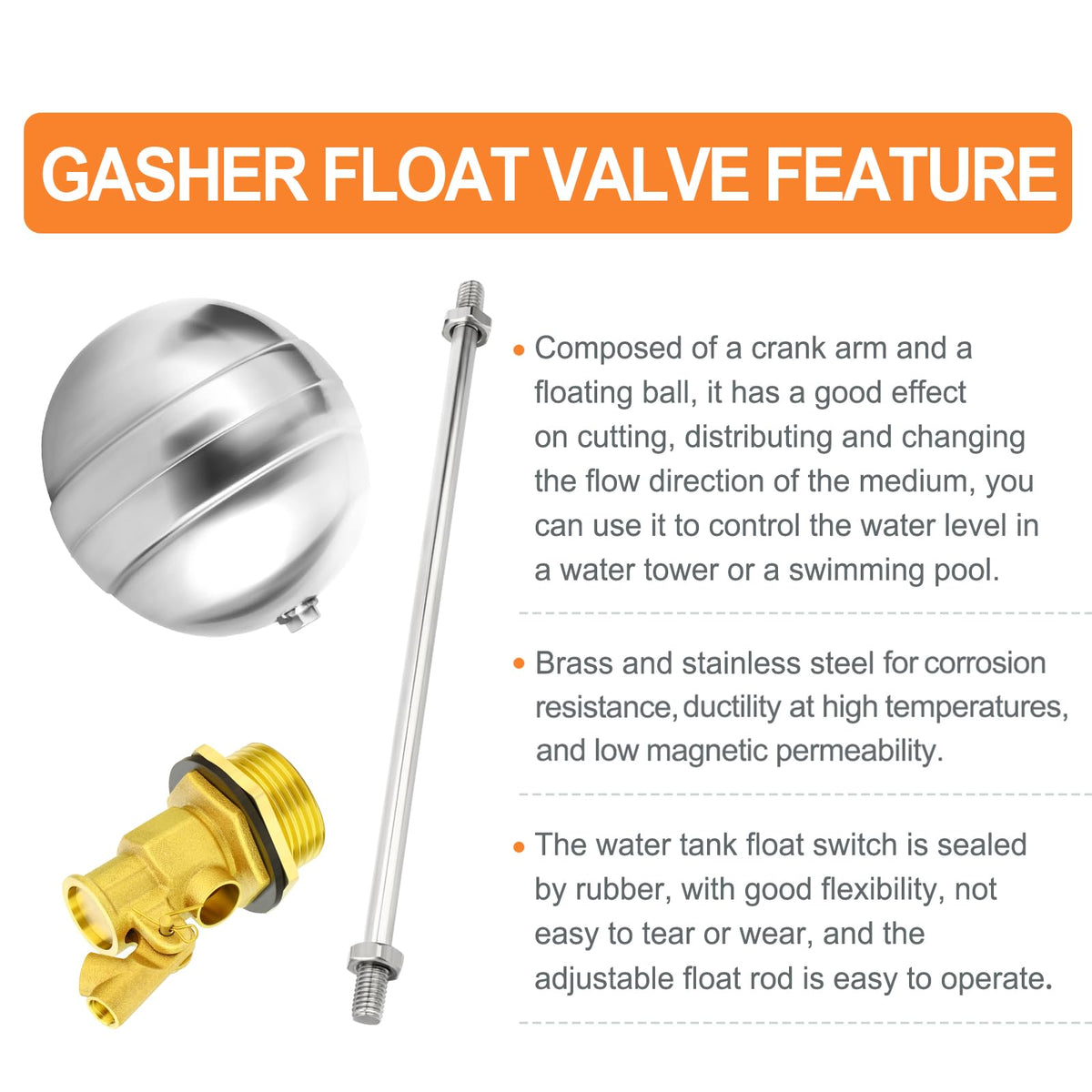 GASHER 1PCS 1" 304 Stainless Steel Float Ball Valve with 1"G Female x 1"NPT Male Adapter, DN25 Adjustable Water Tank Float Ball Valve for Stock Tank Pool Water Level Control