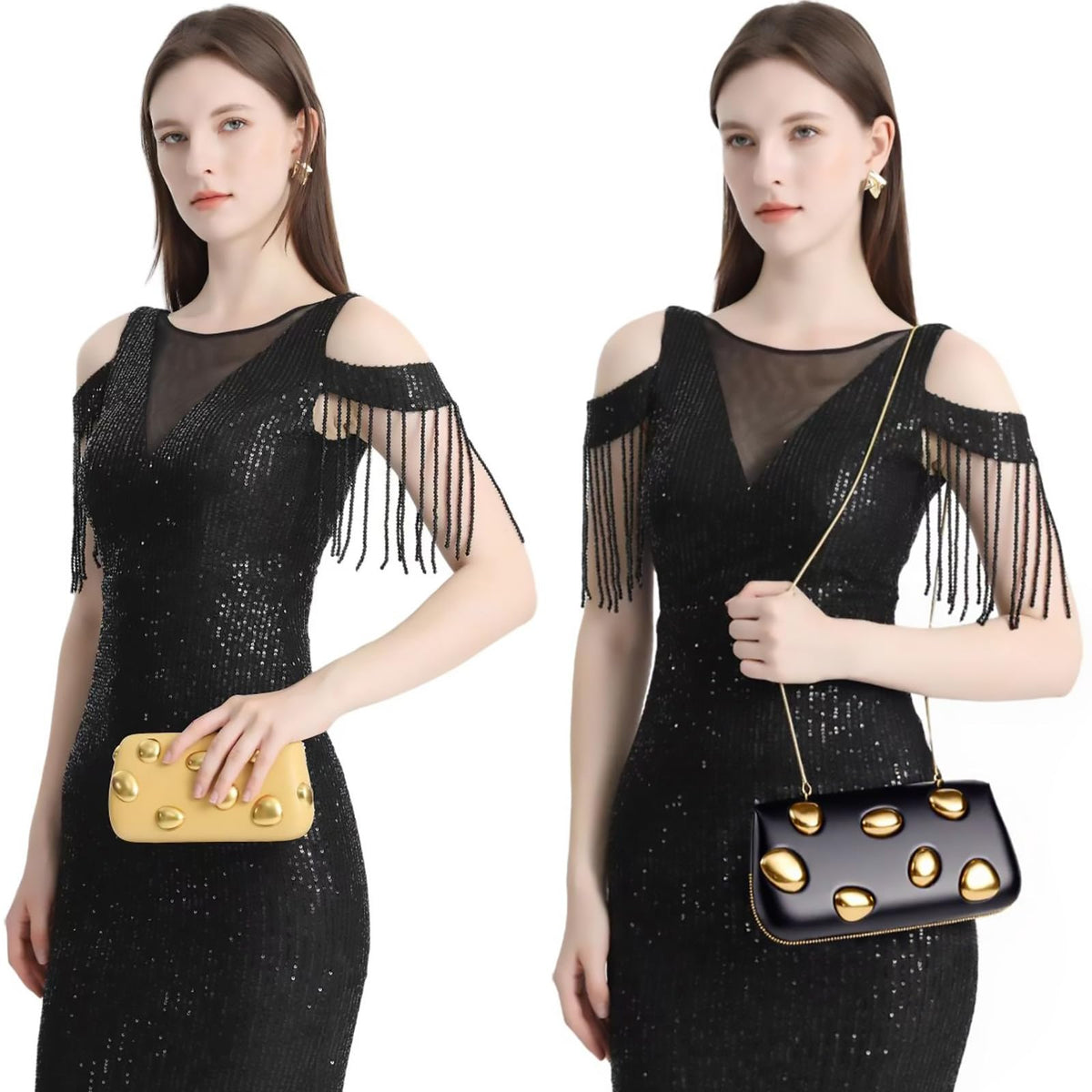 louceko PU Leather Handbag Detachable Chain Crossbody Shoulder Evening Bag Clutch Purse for Women Formal Wedding Party Prom, Black, 2509B
