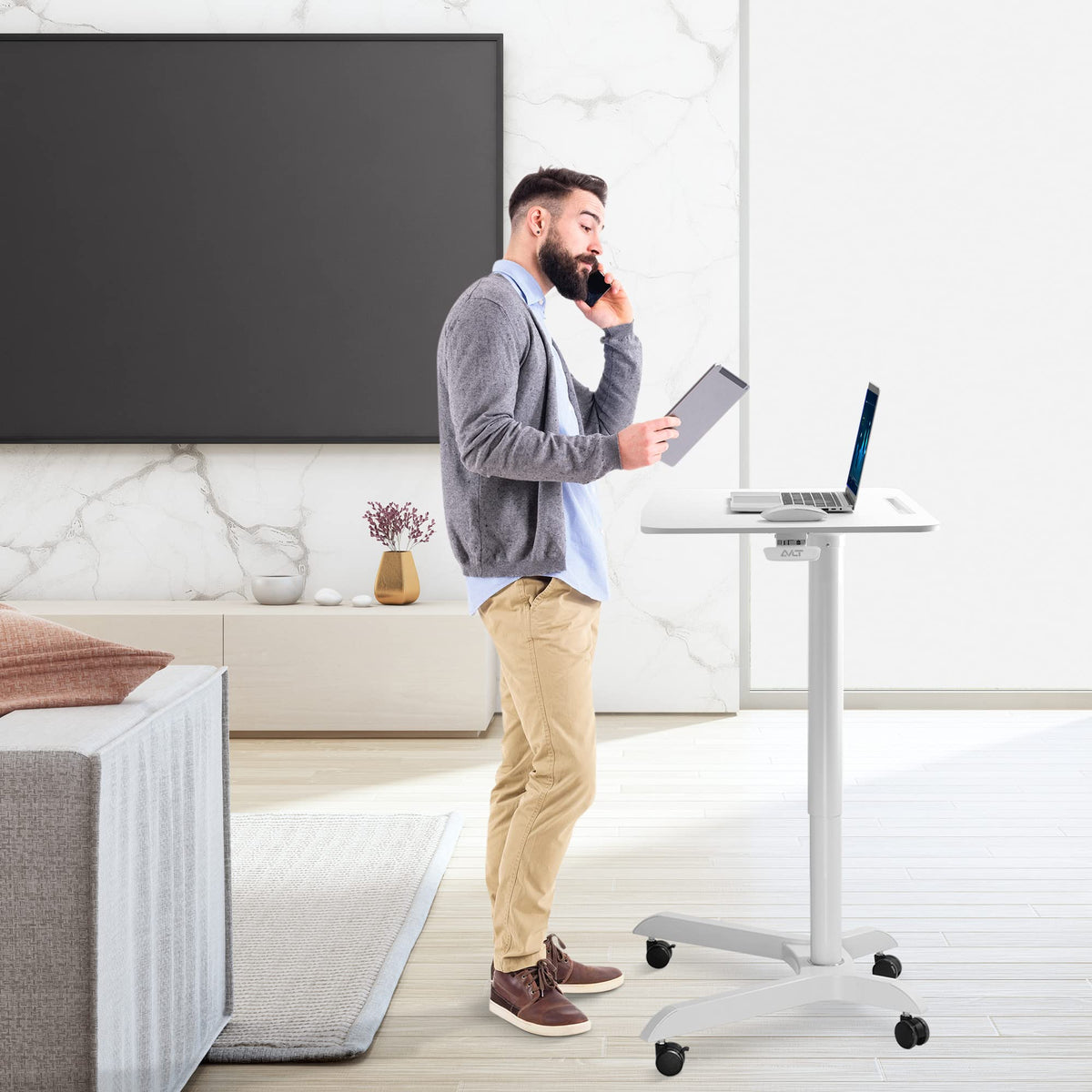 AVLT 48" Ambidextrous Standing Desk, Mobile Adjustable Height Rolling Laptop Desk, Folding Computer Projector Cart with Brake Casters, Portable White Desk for Home Office
