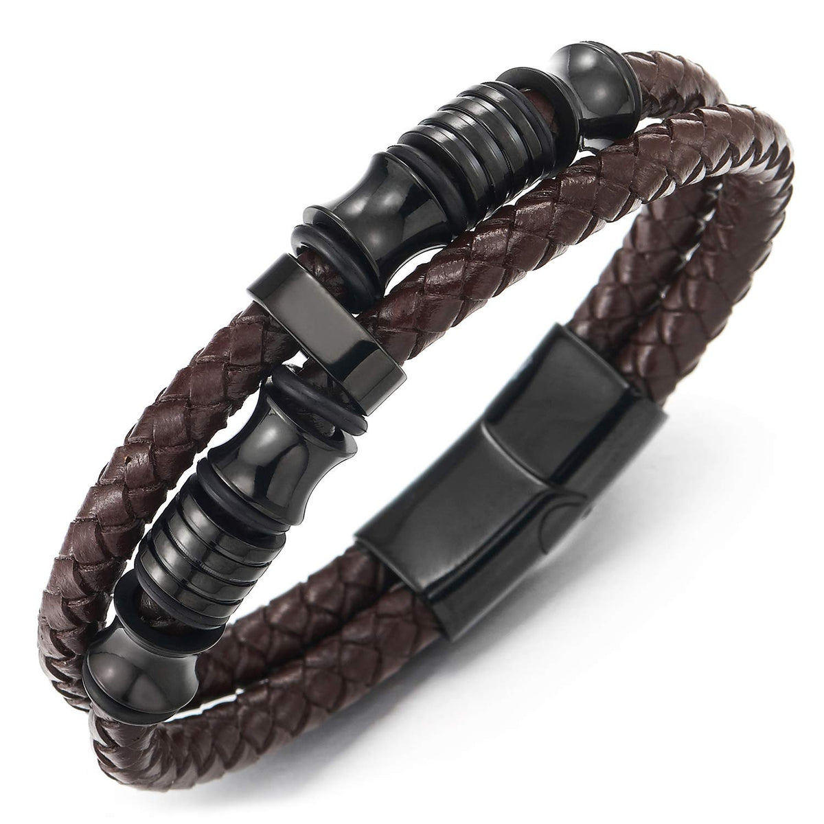 COOLSTEELANDBEYOND Mens Brown Braided Leather Bracelet with Black Stainless Steel Charms, Double Strand Wrap Wristband