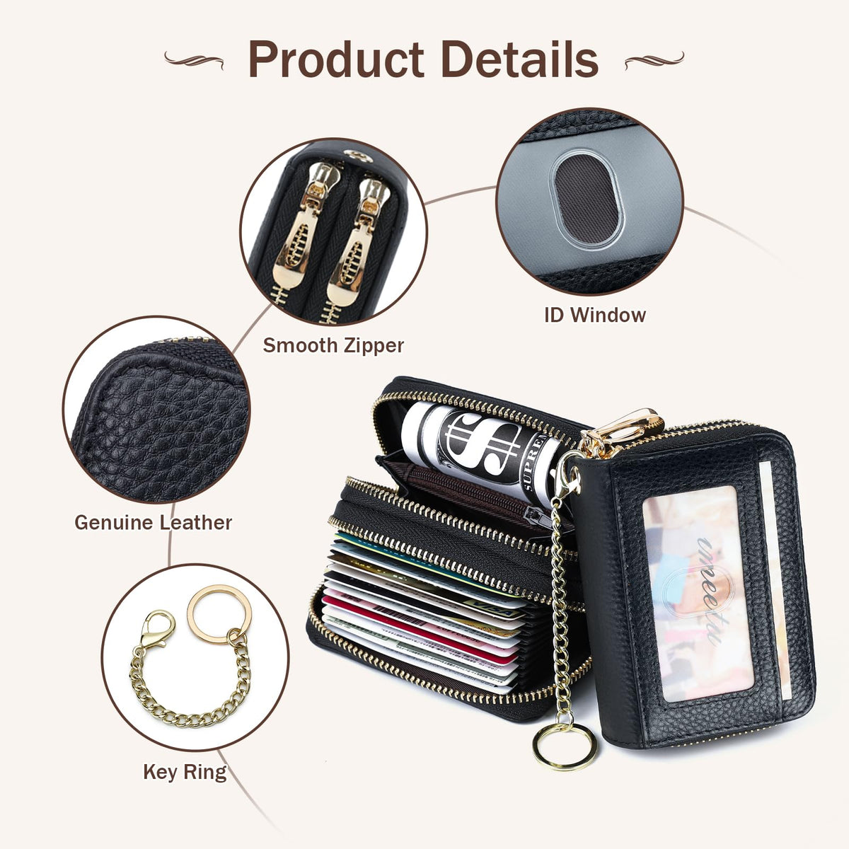 imeetu Rfid Credit Card Holder,Genuine Leather Businese Card Case,Rfid Blocking Wallet for Women & Men(Max - Black)