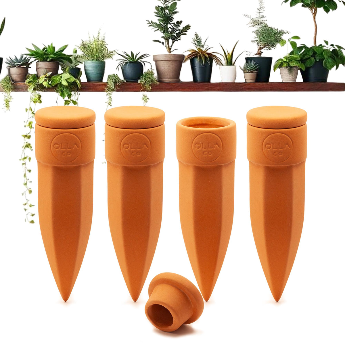 The Olla Company Plant Watering Spikes with Lids - Ideal for 4”-6” Pots - Vacation Friendly - Terracotta - Small - Set of 4