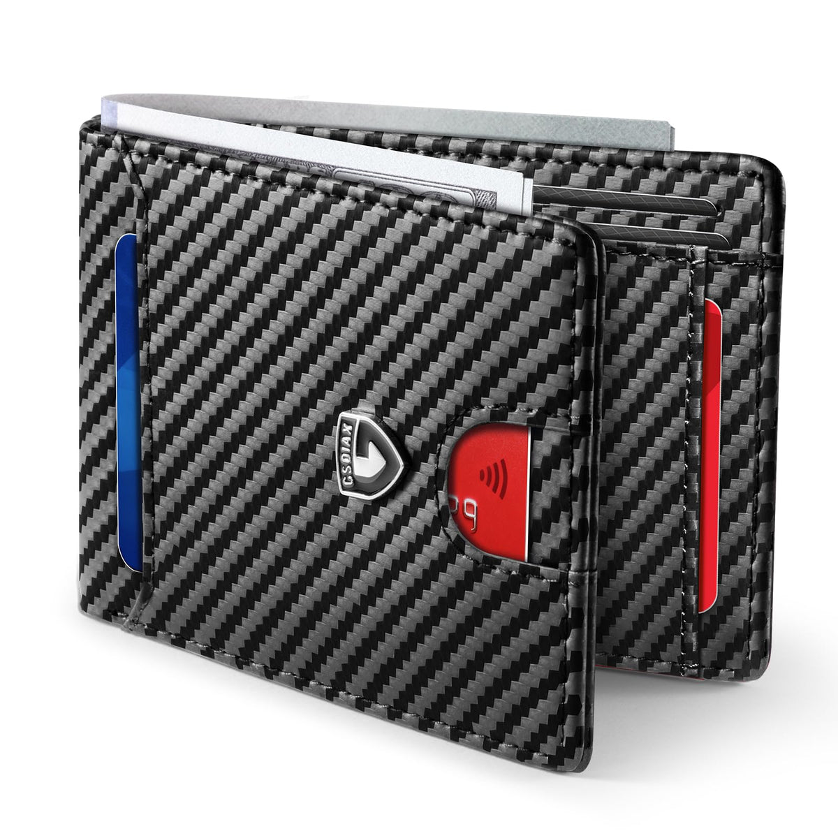 GSOIAX Slim Wallet for Men RFID Blocking Bifold Wallet Carbon Fiber Front Pocket Wallet with 11 Card Holder Minimalist Mens Wallet with Gift Box(Carbon Black)