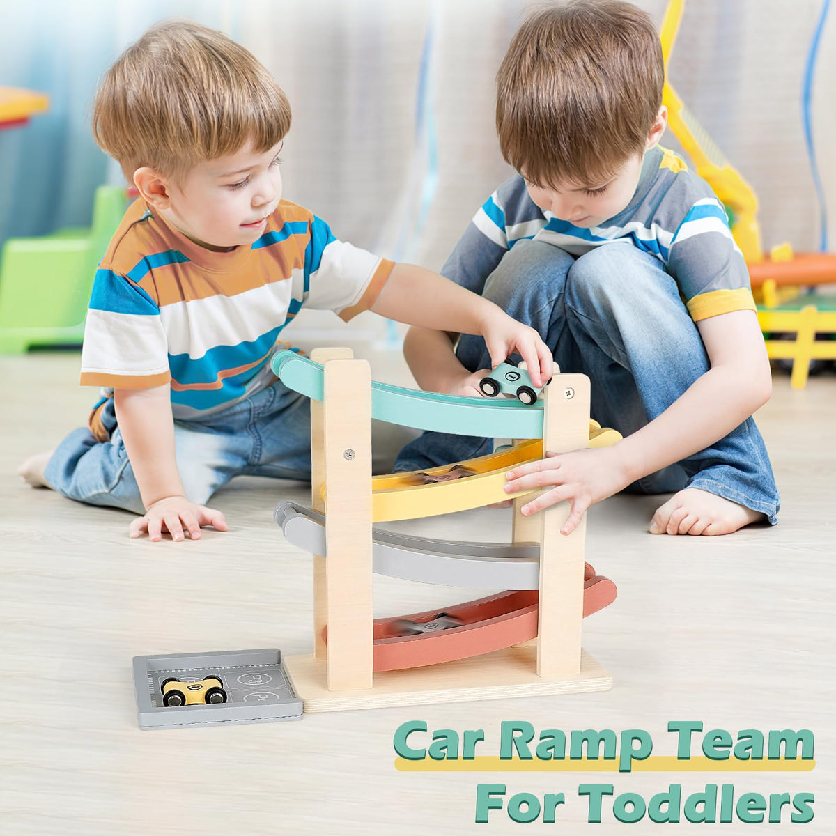 Vanplay Car Ramp Toys for One Year Old Boy Birthday Gifts, Wooden Montessori Toys for 1 2 Year Old, Race Track Truck Toy with 4 Mini Cars, First Christmas Birthday Gifts for Toddlers 1-3-2-4