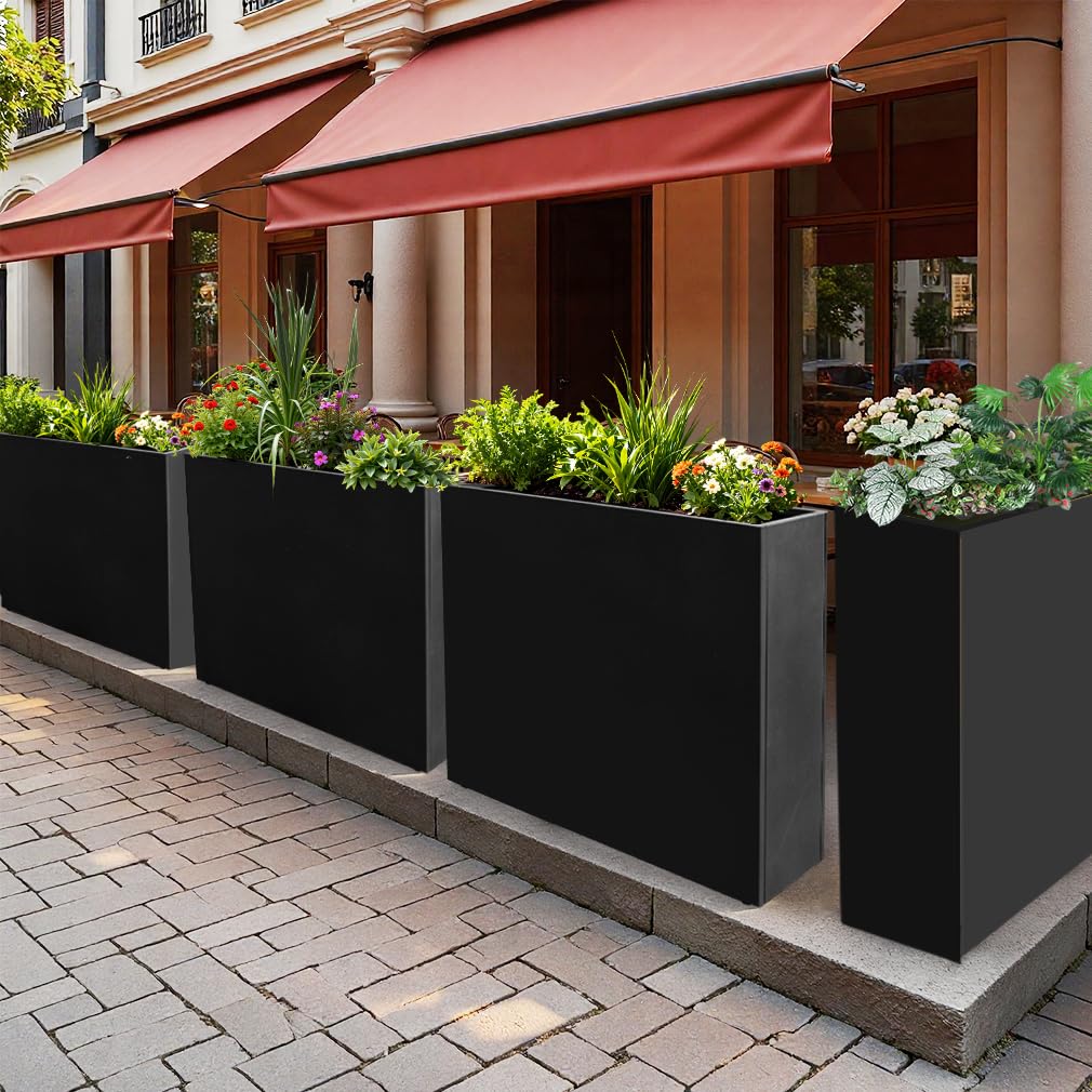 Megawodar Metal Tall Long Planter Box Large Rectangular Planter Flower Pot with Drainage Holes for Indoor Outdoor Deck Porch Garden Home Patio Front Door (Black, 36" L x 10" W x 28" H)