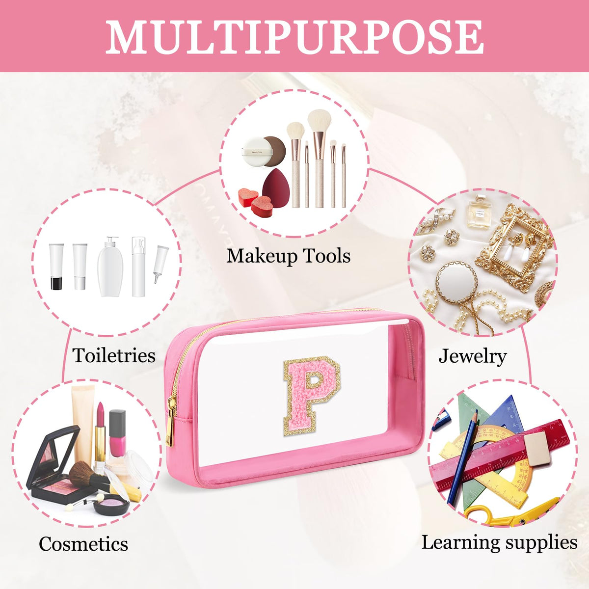 Small Clear Personalized Initial Makeup Bag, Preppy Nylon A-Z Chenille Letter Patch Makeup Organizer TSA Approved Travel Toiletry Bag,Waterproof Zip Beach Cosmetic Pouch Purse for Women(Pink-Pink P)