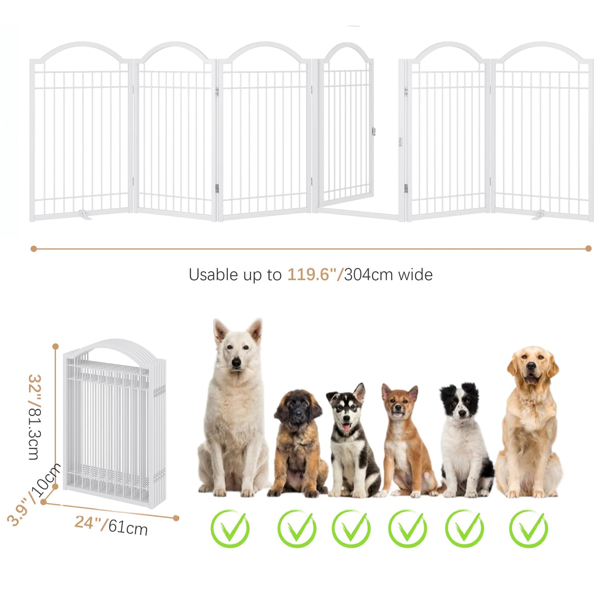 BHG Metal No-Assembly Freestanding Dog Gate with Door Walk Through, Extra Wide 144", Extra Tall 32" Pet Gate, Accordion Puppy Folding Playpen Dog Fence, with 2PCS Support (White, 6 panesl)