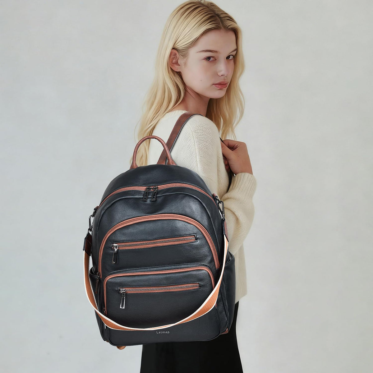 LATMAP Backpack Purse for Women Laptop Backpack, Leather Travel Backpack Shoulder Bag Teacher College Daypack Work Handbag fits 14" Laptop-Black with Brown