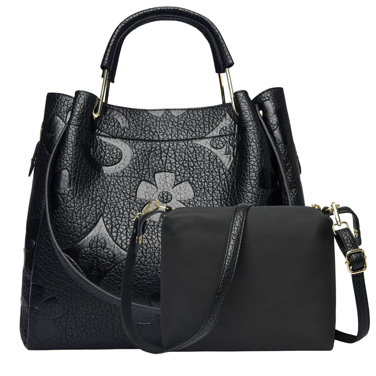 Travistar Floral Handbags and Purses Women - Retro Embossed Leather Top Handle Handbag Large Women's Shoulder Bag 3-in-1 Trendy Hobo Purse Ladies Bucket Satchel Bags Black Work Tote