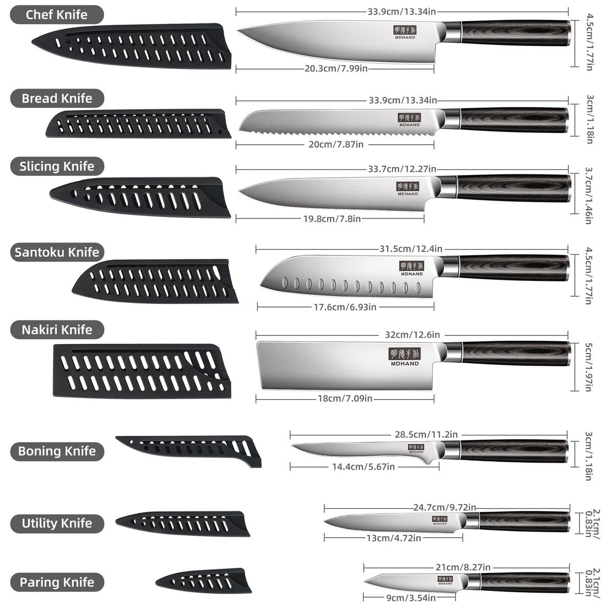 MDHAND Chef Knife Set with Roll Bag, 9PCS Professional Knife Sets with Sharpener, High Carbon Stainless Steel Japanese Kitchen Knives - Black Pakkawood Handle, Dishwasher Safe, For Cooking, Chef Gifts