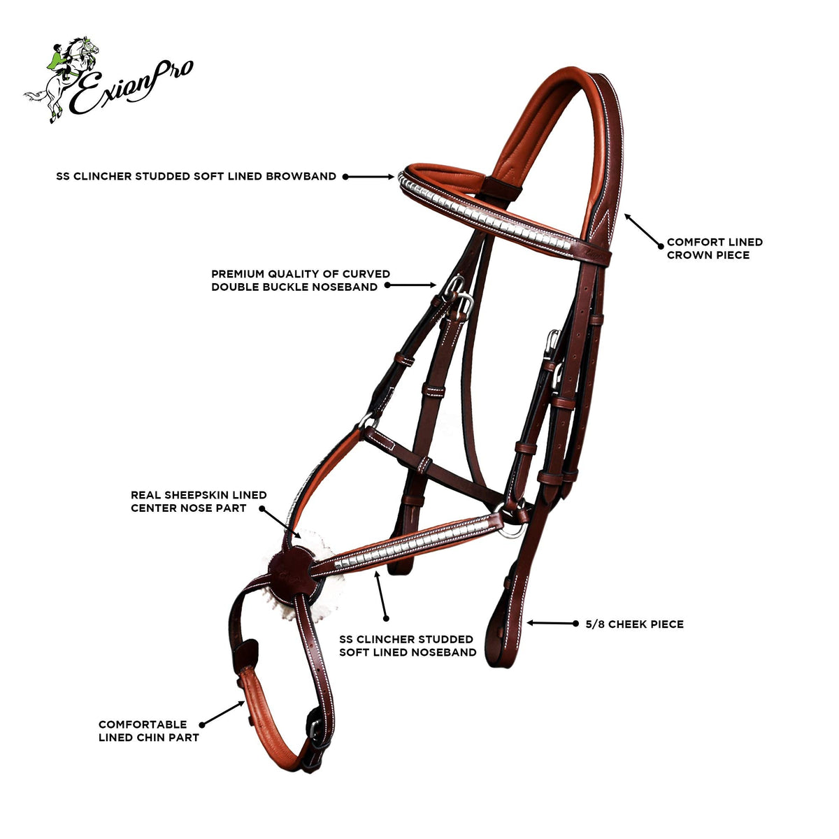 Exion Premium English Leather Figure 8 Bridle with Silver Clincher Noseband & Browband | Soft Padded Anatomical Crown Piece | Rubber Reins | Adjustable Fit | Jumping, Hunter, Eventing