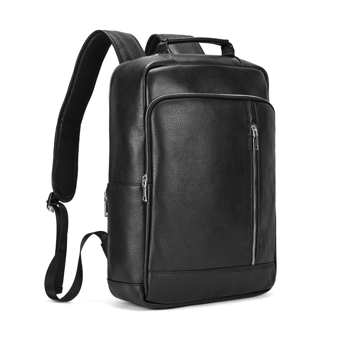 Yevabo Genuine Leather 15.6 Inch Laptop Backpack for Men, Multi Pocket Slim Daypack Shoulder Bag with Trolley Sleeve for Business Travel (Black)