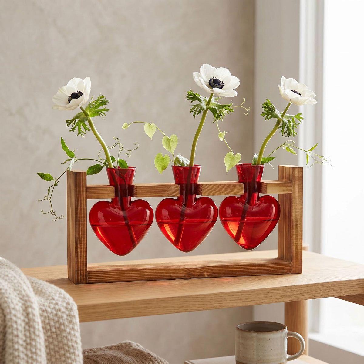Generic Heart Shaped Propagation Station, 3 Glass Vases Plant Terrarium Kit with Wooden Stand for Hydroponic Plants Home Office Decor Present for Women