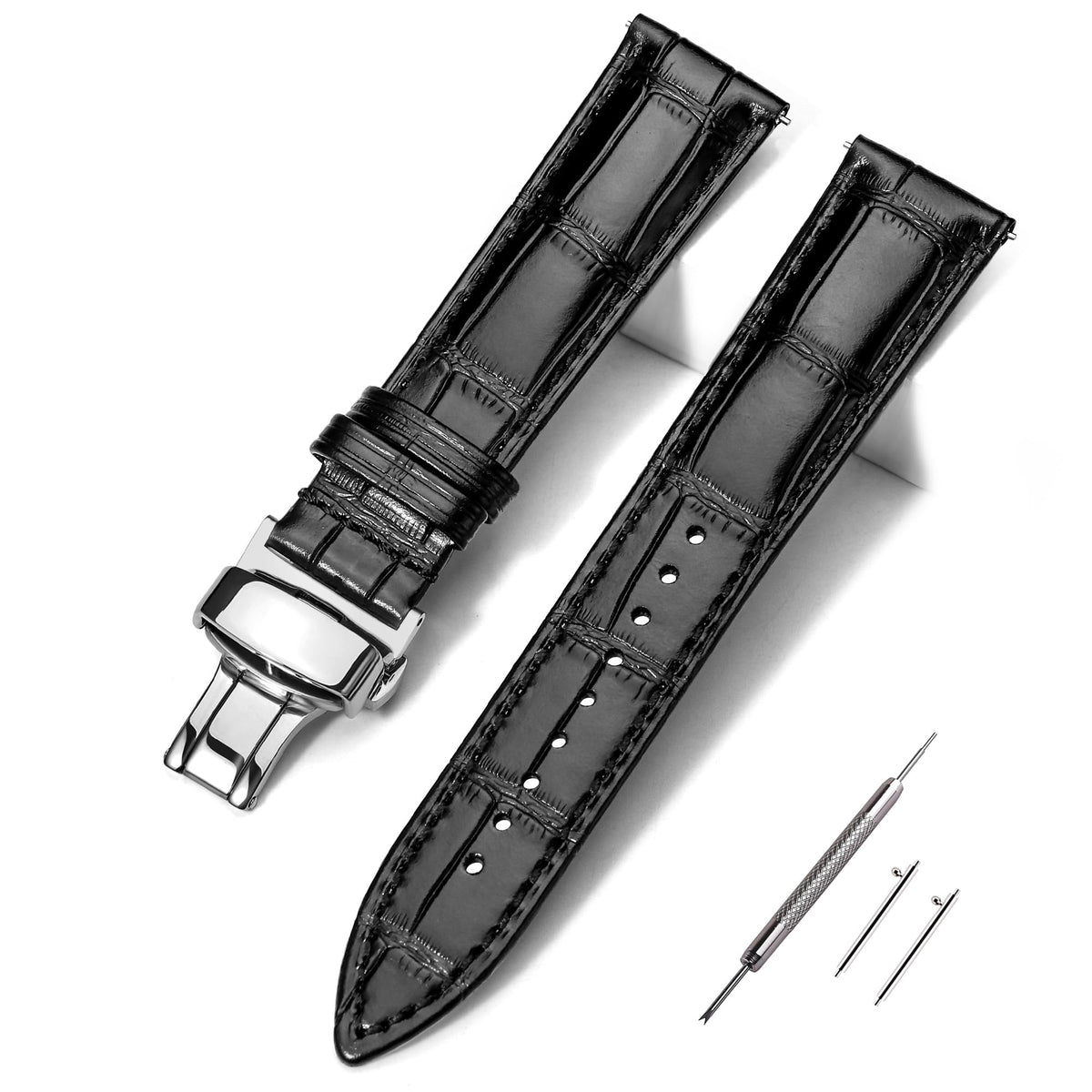 EACHE 20mm Watch Band Quick Release Leather Watch Bands for Men Black Alligator Grain Pattern Leather Watch Straps with Silver Butterfly Deployment Clasp