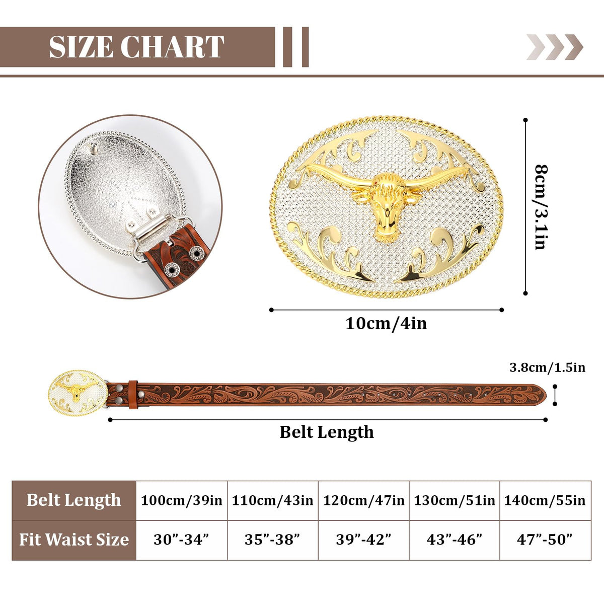 SANSTHS Cowboy Belts for Men Women, Western Leather Belt with Big Buckles Mexican Country Black Longhorn Bull Belt for Jeans, Brown