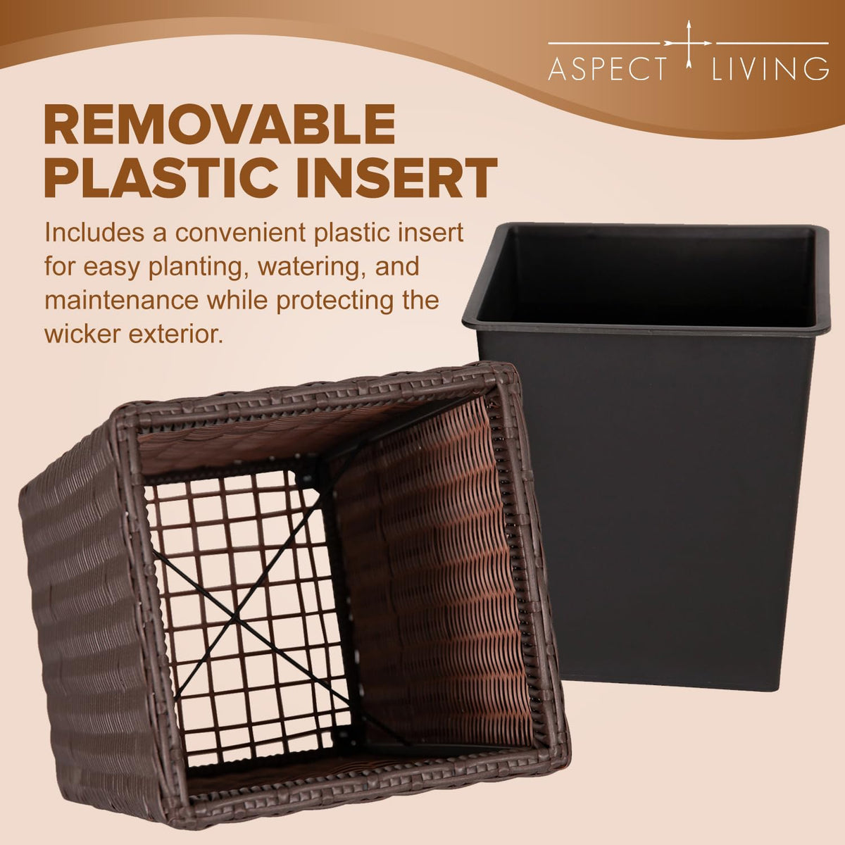 Aspect Living Tall Planter and Sierra Square Wicker Planter Set of 2 - Modern Outdoor Planters for Patio, Balcony, or Garden