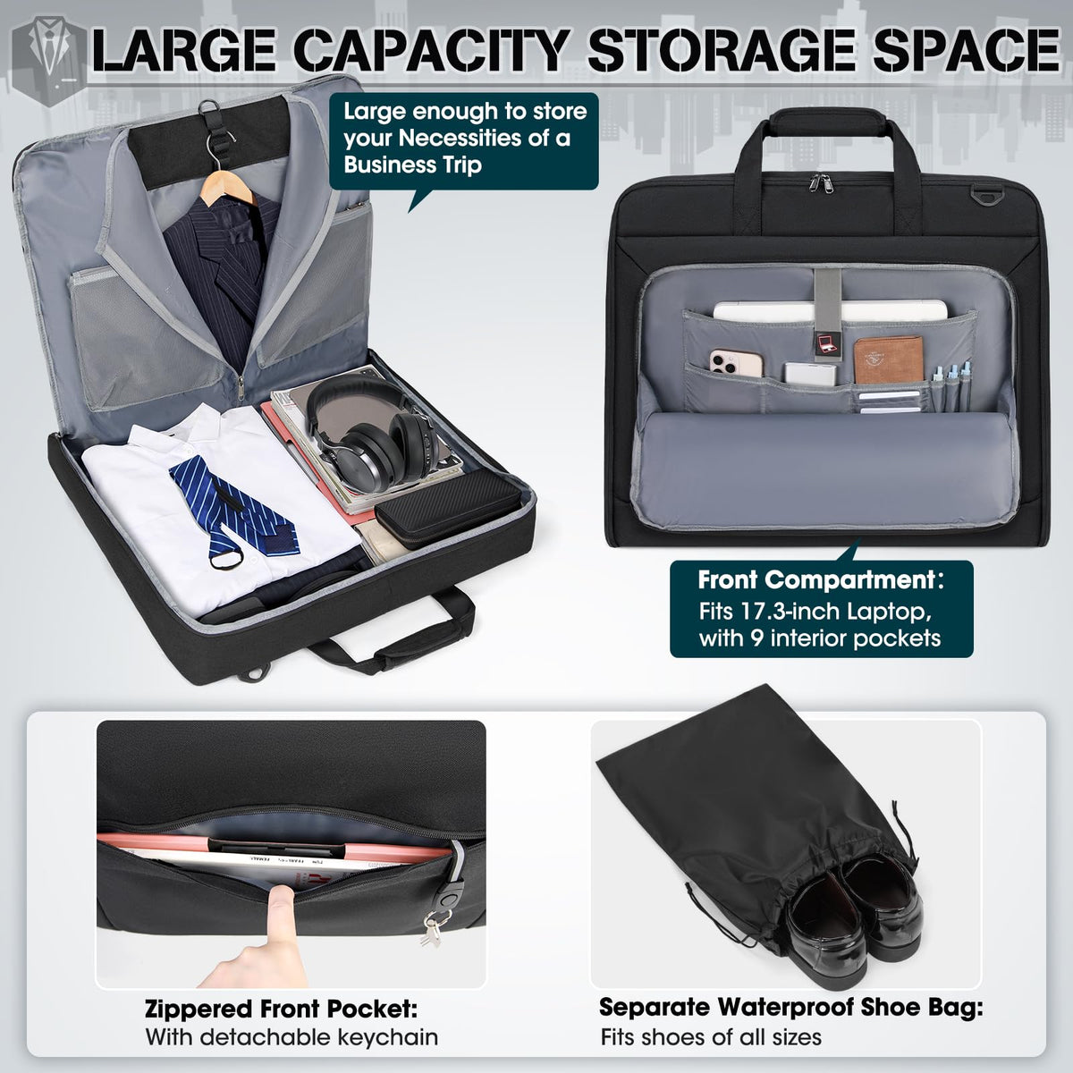 RAINSMORE Garment Bags for Travel Carry On Garment Bag for Hanging Clothes, Suit Bag for Business Trips with Shoes bag & Shoulder Strap, Waterproof Foldable Suit Luggage Bag for Men Women, Black