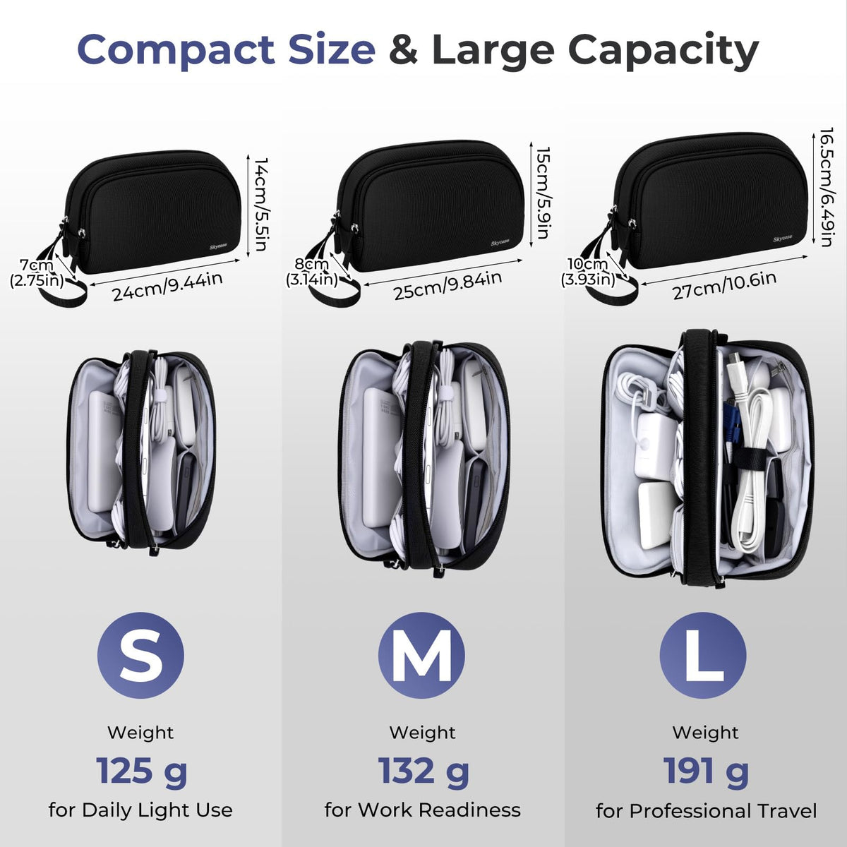 Skycase Travel Cable Organizer - Lightweight Water Resistant Dual-Layer Tech Pouch with Wrist Strap 11 Compartments Electronic Organizer Travel Case for Charger Cord Hard Drive,Large,Black