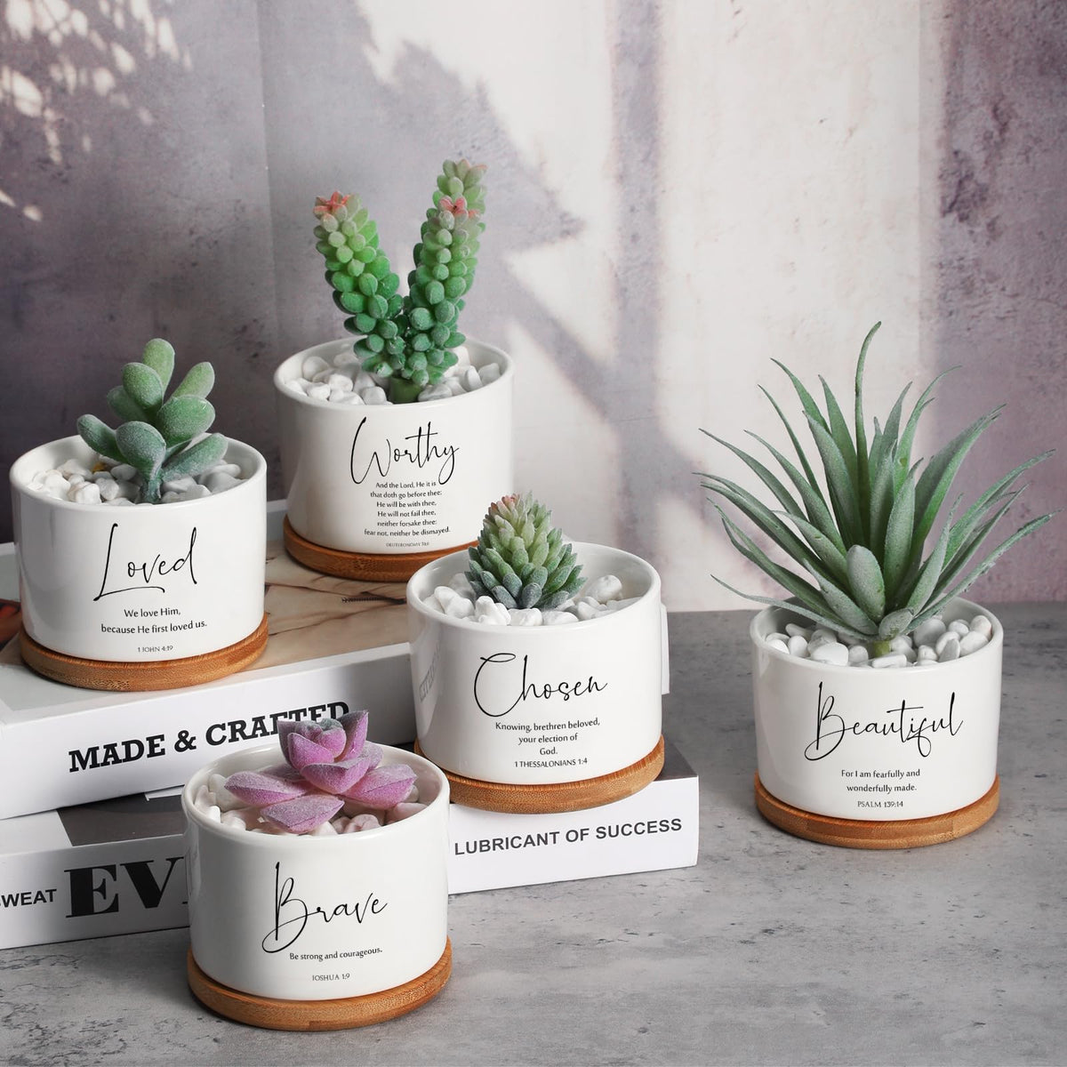 Fumete 12 Pcs Bible Verse Succulent Pots with Tray Drainage, 3 x 2 in Inspirational Mini Ceramic Flower Planter Christian Religious Gifts for Women Men Teacher Guest Staff Church(Affirmation Series)