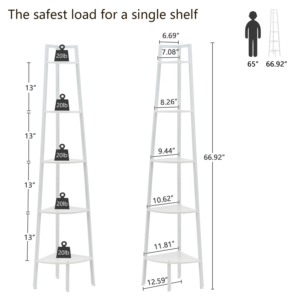 Hoctieon Corner Shelf, 5-Tier Corner Bookshelf, Rustic Ladder Shelf, Industrial Display Stand for Living Room, Kitchen, Home Office, Balcony, Small Space, Metal Frame, White