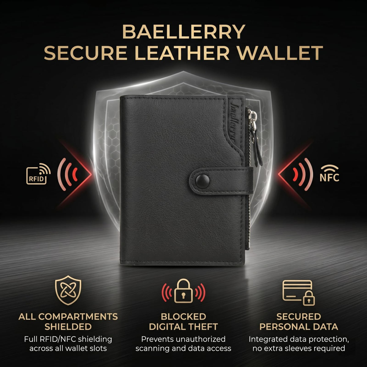 HAISHIDS Men's Trifold Nappa Leather Wallet, 15 Card Slots, RFID Protection, Portrait Format, Black