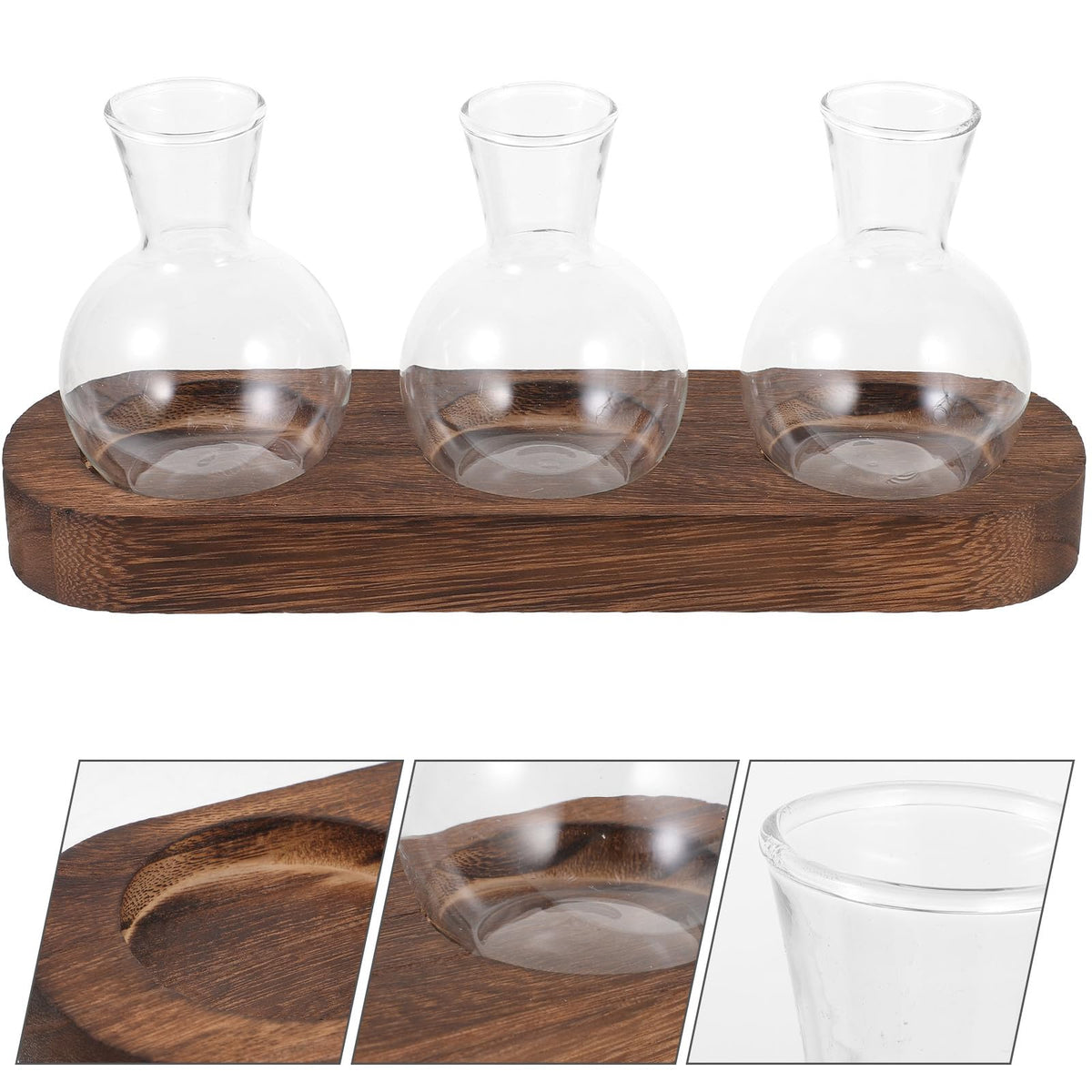SEWCHICS Decorative Hydroponic Glass Vase Set with Wooden Base, Table Flower Vases for Indoor Plant Arrangement, Office and Home Desk Plant Terrarium, 3pcs