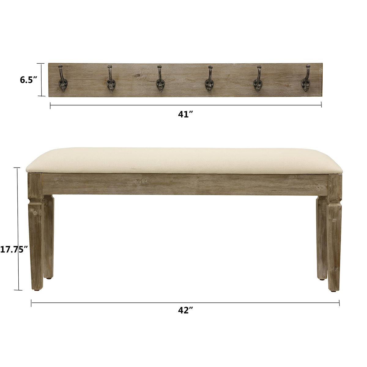 Decor Therapy Waverly Wood Bench with Coat Rack Set, Set of 2, White with Cream Cushion