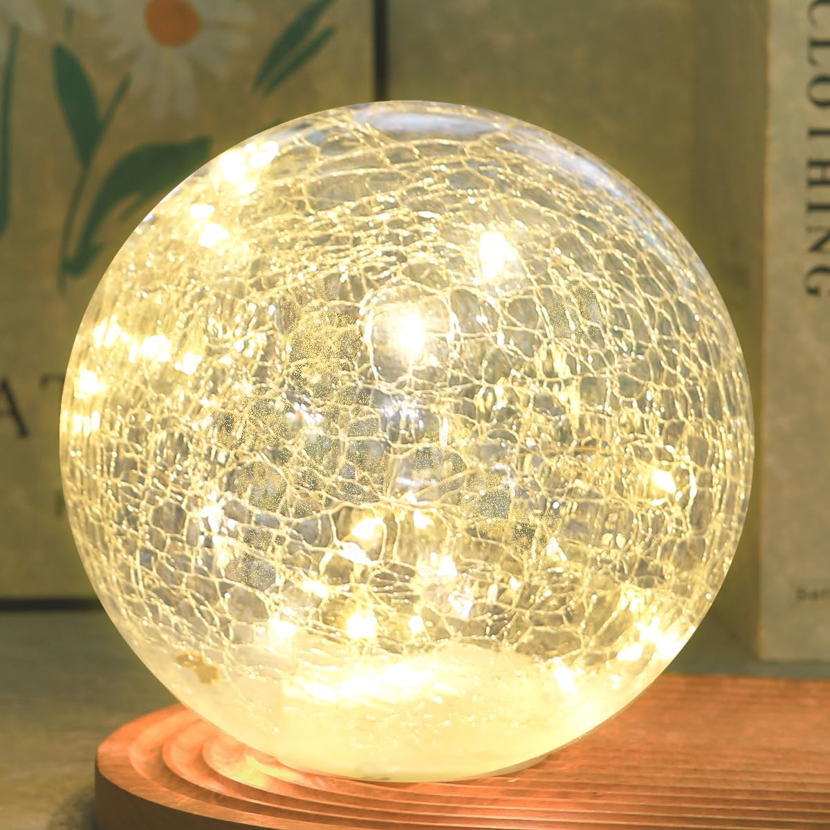 Crackle Globe LED Lamp Battery Operated with Timer, Lighted Glass Orb for Living Room & Festival Christmas Decoration, Indoor Glowing Night Light Sphere Table Lamp for Mother's Gift, Glass Ball Light
