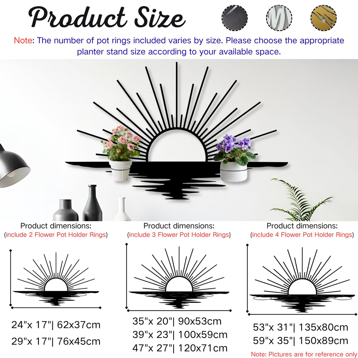Glethua Sunrise Metal Wall Mount Plant Holder, Sun Wall Plant Holder, Sunshine Metal Hanging Planter for Living Room, Kitchen, Bathroom (Gold, 59"x 35"| 150x89cm, 4 Pack 4" Flower Pot Holder Ring)