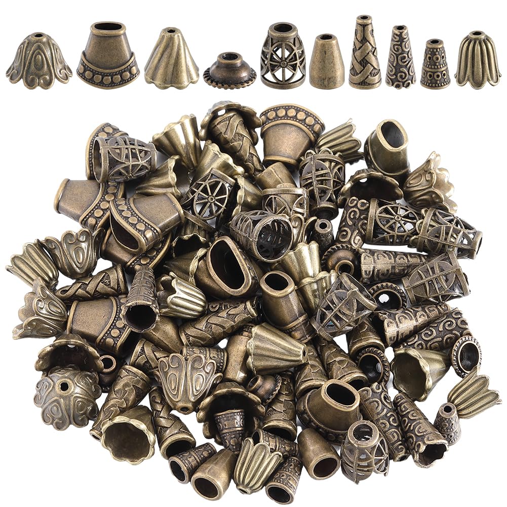 SOFPLATE 100Pcs 10 Styles Flower Bead Caps Cone Bead Spacers Tibetan Style Antique Bronze Flowers Tassel End Caps Supplies for Jewelry Making Women DIY Crafting Findings Earrings Accessories