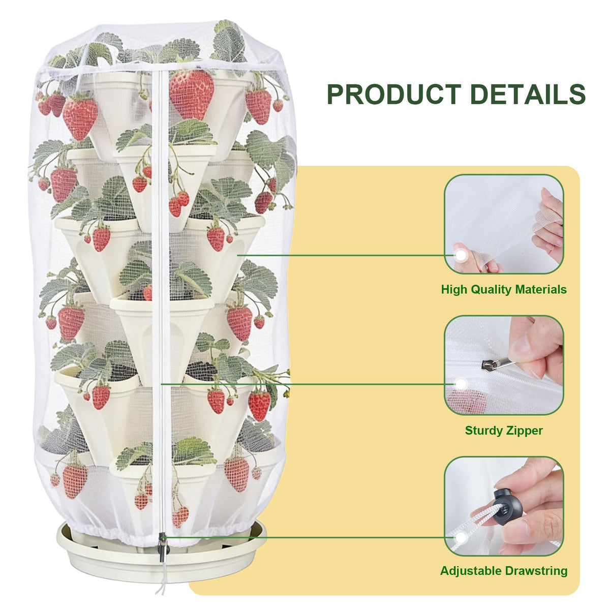 3Pack 41" x 20" Vertical Strawberry Pot Netting, Plant Pot Insect Netting with Zipper & Drawstring, Bird Barrier Planter Pot Garden Net Round Cover for 5-Tier Stackable Strawberry Fruit Vegetable