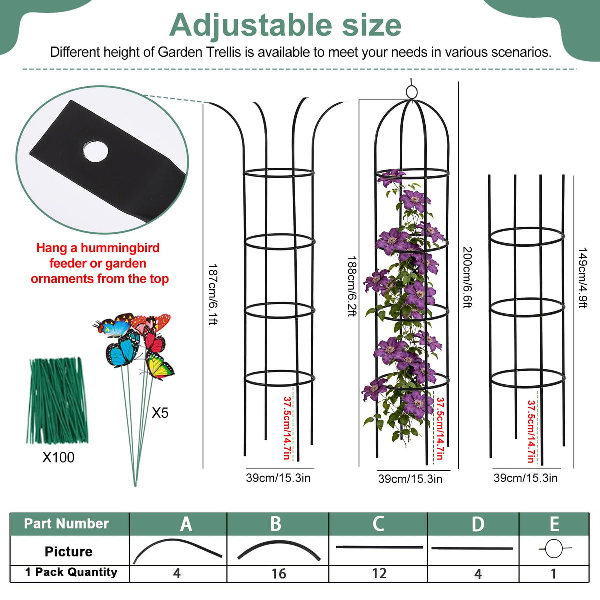 100% Metal Obelisk Garden Trellis 6.6 Feet Tall Sturdy Plant Support for Climbing Vines and Flowers Stands,1pc Upgrade Round Trellis for Pots Metal Plant Flower Trellises for Clematis Jasmine Outdoor