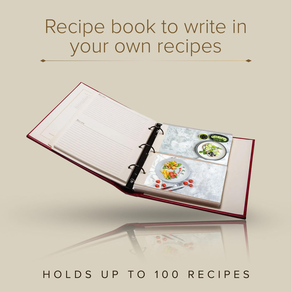 Gallery Leather Recipe book to write in your own recipes - 3 Ring Recipe Binder With Plastic Sleeves, Blank, 25 Pocket Pages and Ivory Cards, Fillable - Freeport Metallic Bronze - 9.25 x 8 "