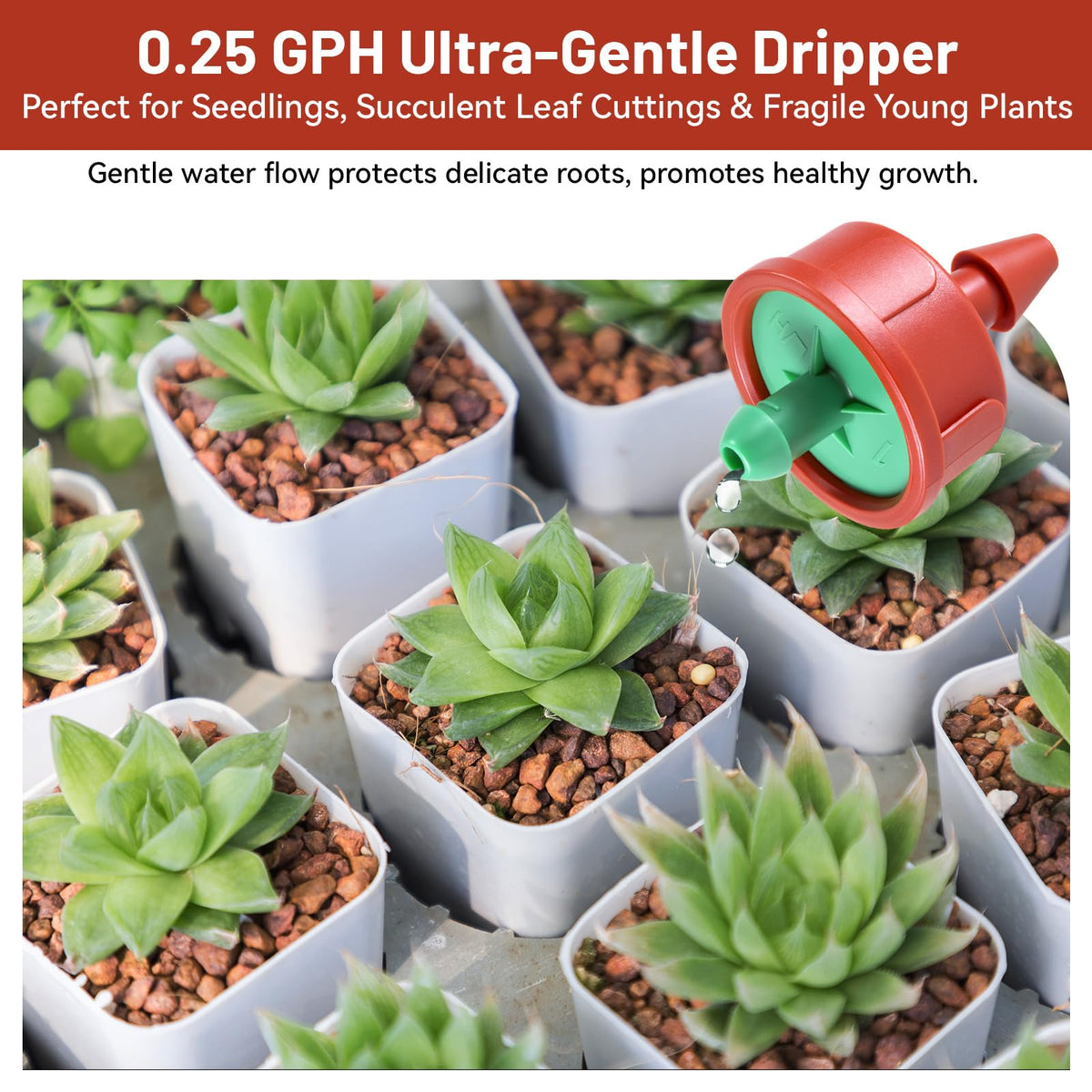 100 PCS 0.25 GPH Pressure Compensating Drip Irrigation Spot Watering Drippers/Emitters, Anti-Clog Self-Cleaning Drip Irrigation Emitters Heads Irrigation Drippers Parts for Seedlings, Mini Gardens