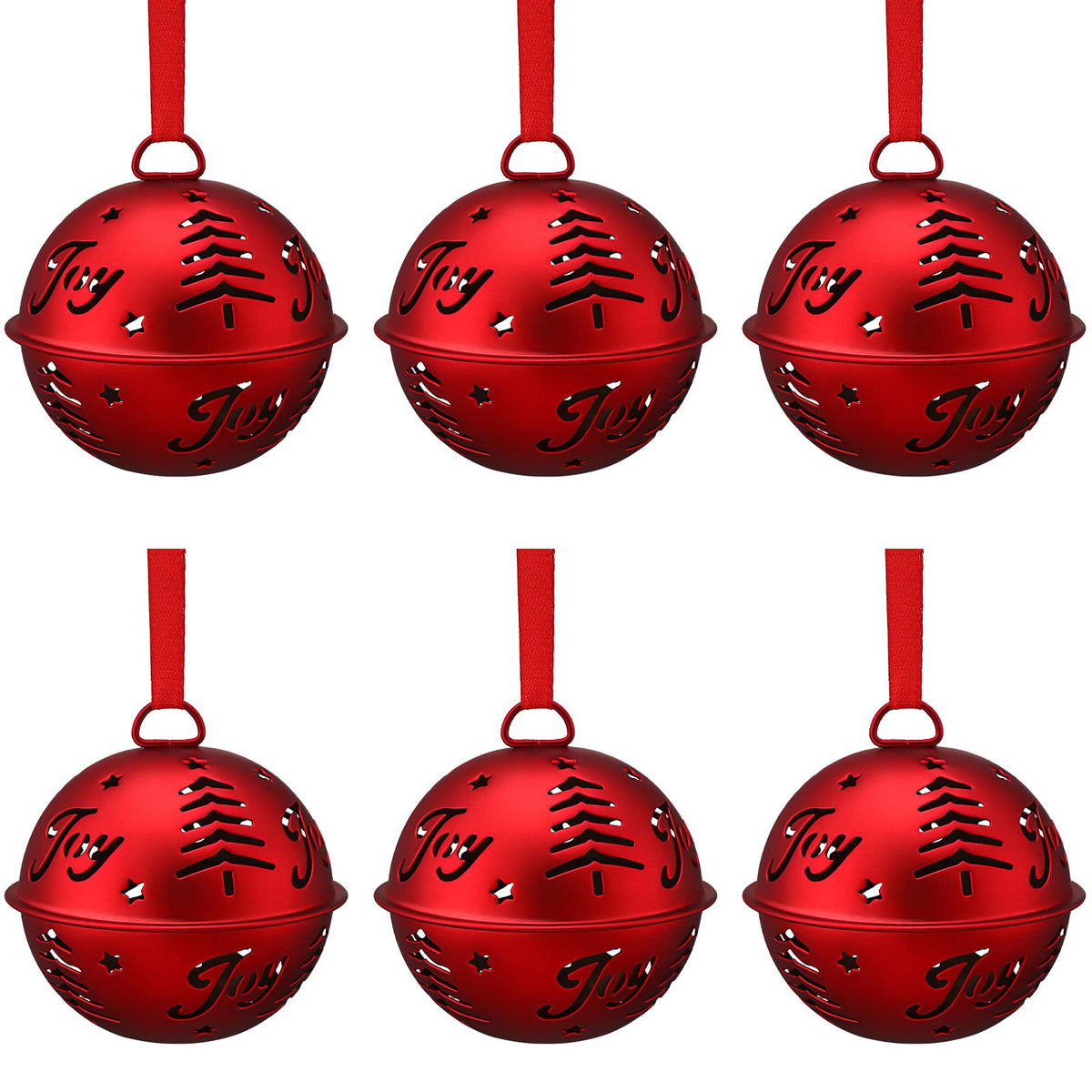 Hotop 6 Pieces Large Jingle Bell Christmas Joy Bell Metal Ornaments with Star Cutouts Sleigh Rustic Xmas Tree Wreath Garland Holiday Party DIY Decor(Red)