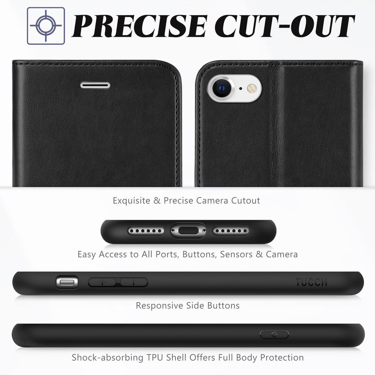 TUCCH Case Wallet for iPhone SE 2022/ iPhone 7/8/iPhone SE 2020, PU Leather 3 Card Slots Stand Magnetic Flip Folio Cover TPU Shockproof Inner Shell, Black