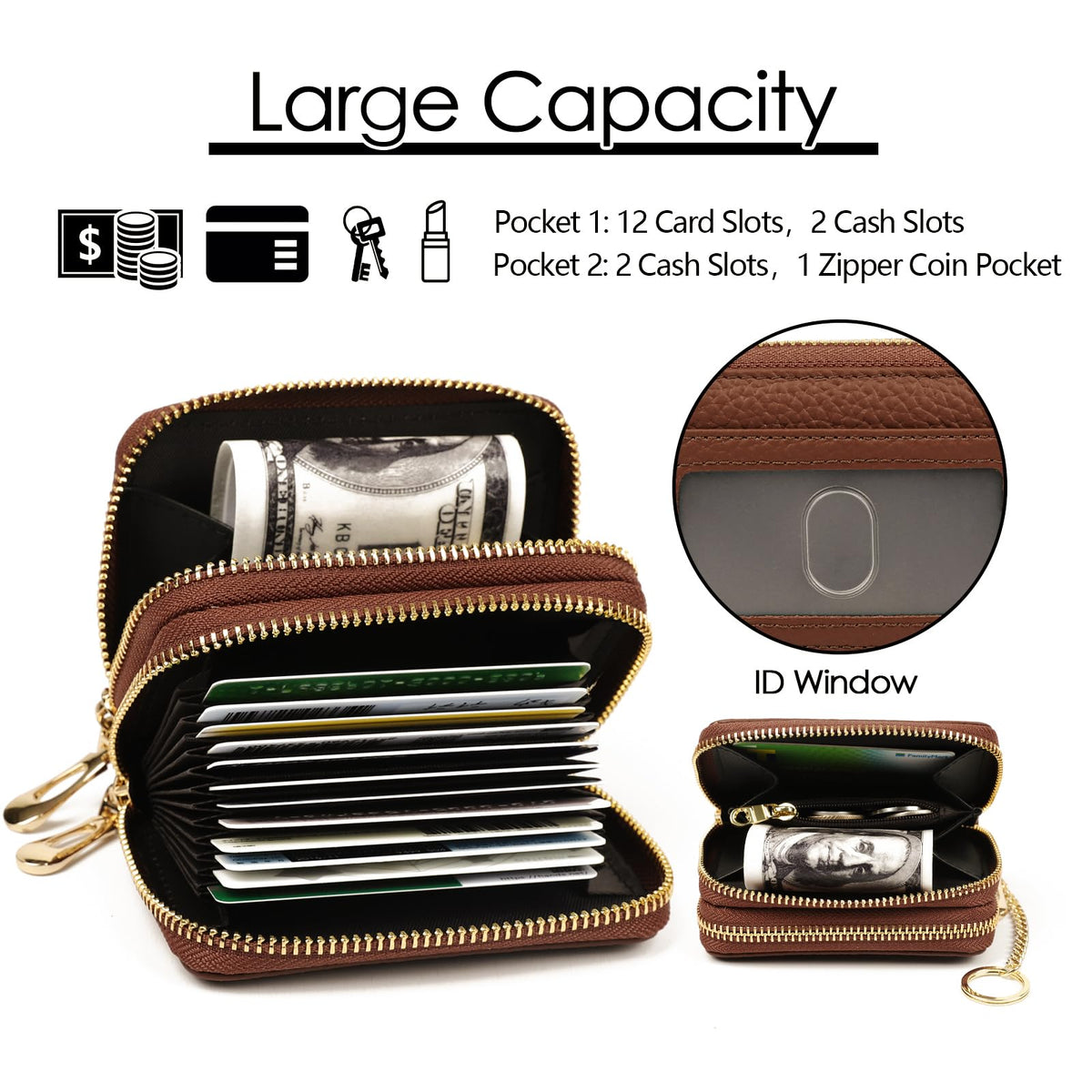 imeetu RFID Credit Card Wallet, Genuine Leather Zipper Card Case Holder with Removable Keychain(Max - Brown)