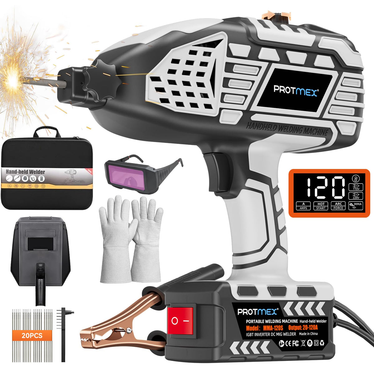 PROTMEX Portable Display Handheld Welder - 110V Portable Welder Machine IGBT Inverter with 5 Adjustable Currents, ARC Welder Gun Fits 3/32"-1/8" Welding Rods for Repair, DIY, Home Projects