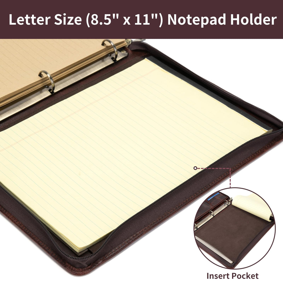 Geslun 3 Ring Binder Genuine Leather Portfolio, Front Pocket, 8.5 x 11 Legal Pad Padfolio for Men and Women, Zippered Notepad Laptop Organizer, Business Executive Work Folio, Dark Brown, Oil Tanned