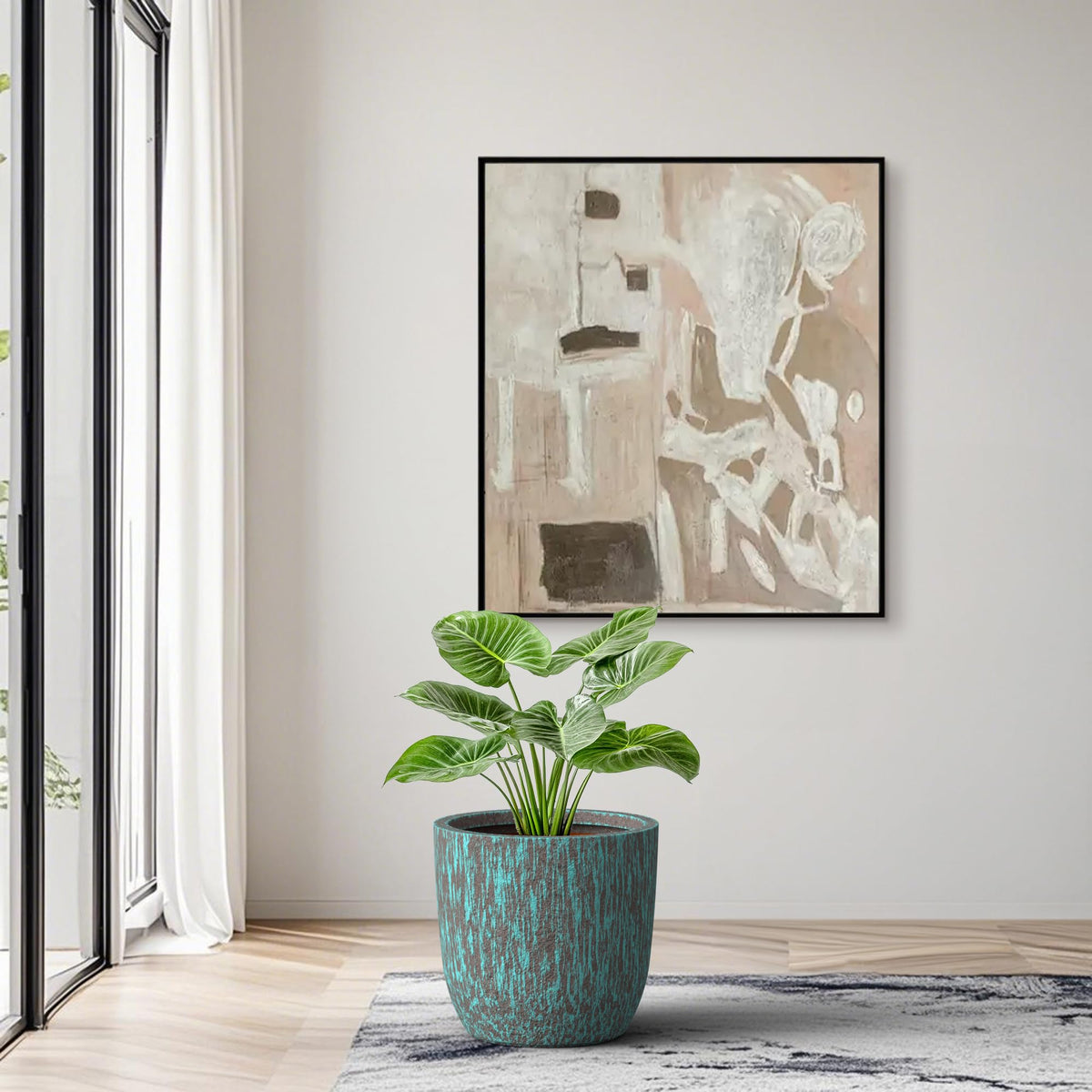 Humid Jade 13.4-Inch Dia Round Concrete Planter, Weathered Clay Speckled Plant Pot with Drainage Hole, Modern Stone Texture for Indoor Outdoor Use – Patio, Garden, Entryway, Ocean Teal Veil