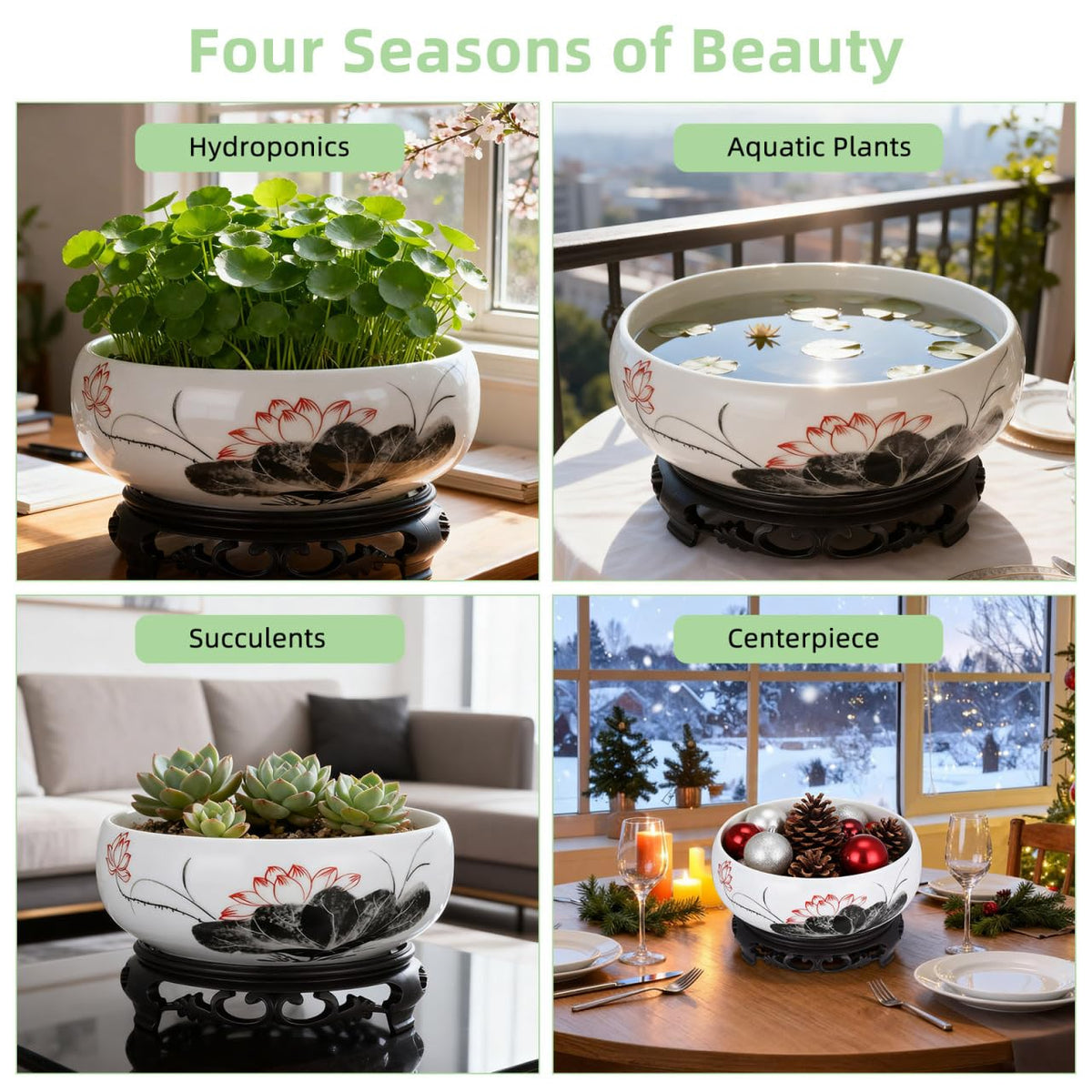 VICASKY White Ceramic Hydroponic Planter Bowl with Plastic Base - Oriental Lotus Shape Flower Pot for Daffodils, Water Plants, Lucky Bamboo & Home Decor