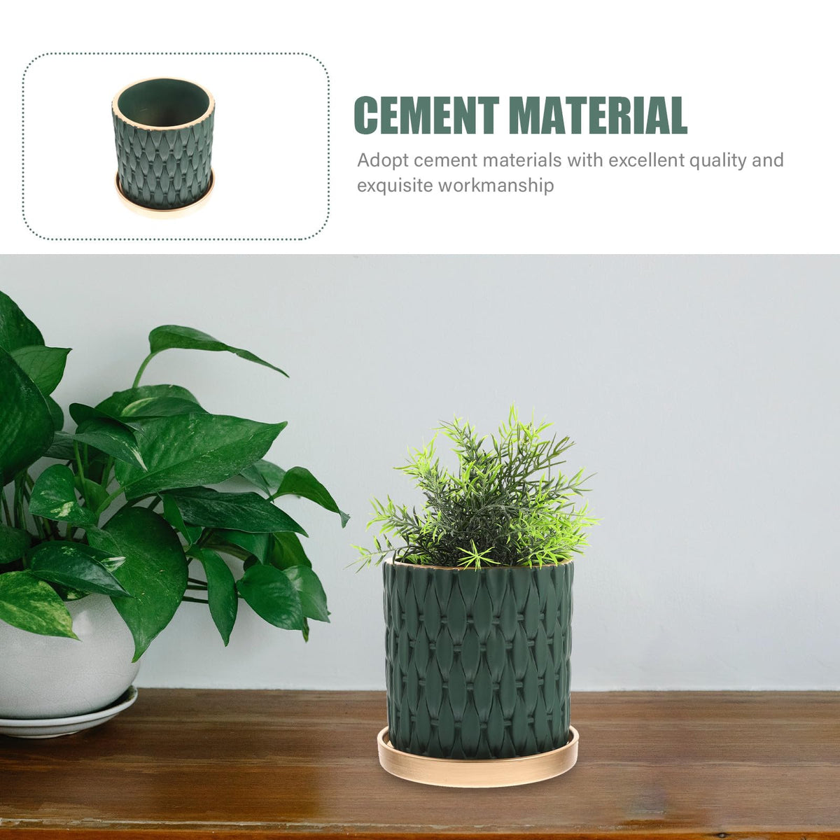 TIDTALEO European Style Cement Woven Pattern Plant Pot with Drainage Tray, Outdoor Indoor Nursery Flower Planter in Dark Emerald and Metallic Tray, Garden Planting Accessory for Patio