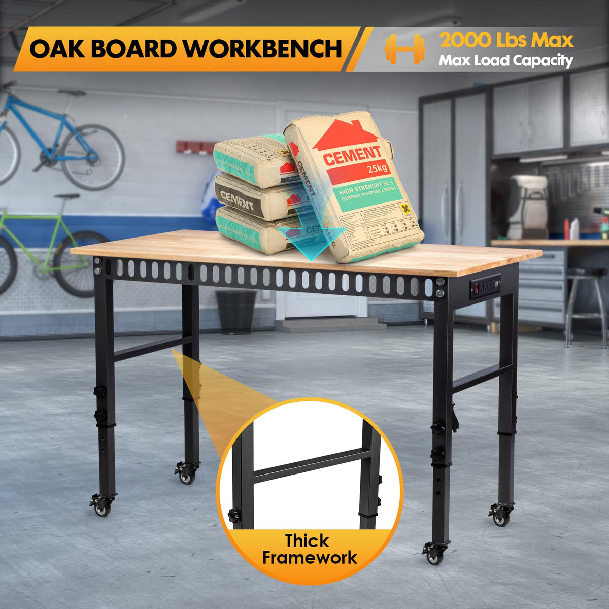 GVGBUK 48" Height Adjustable Workbench, 2000 LBS Load Capacity Rubber Wood Top Workstation, Heavy-Duty Hardwood Worktable for Garage Workshop (with Wheels and Socket,48'')