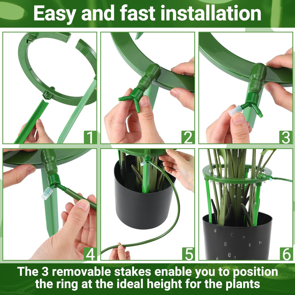 Tujoe 4 Sets Water Ring 3 Leg Support Drip Emitter Drip Ring with 1/8 Inch Barbed Inlet Fitting Removable Stakes for Grow Media Irrigation System Rain Watering Tree Plants, Green (12 Inch)
