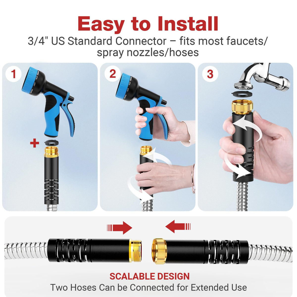 Lefree 75ft Metal Garden Hose - Heavy Duty 304 Stainless Steel Flexible Water Hose, No Kinks & Leak-Proof with Upgraded Handle, 10-Function Spray Nozzle for Yard, Garden, Pet Bath, Outdoor Cleaning