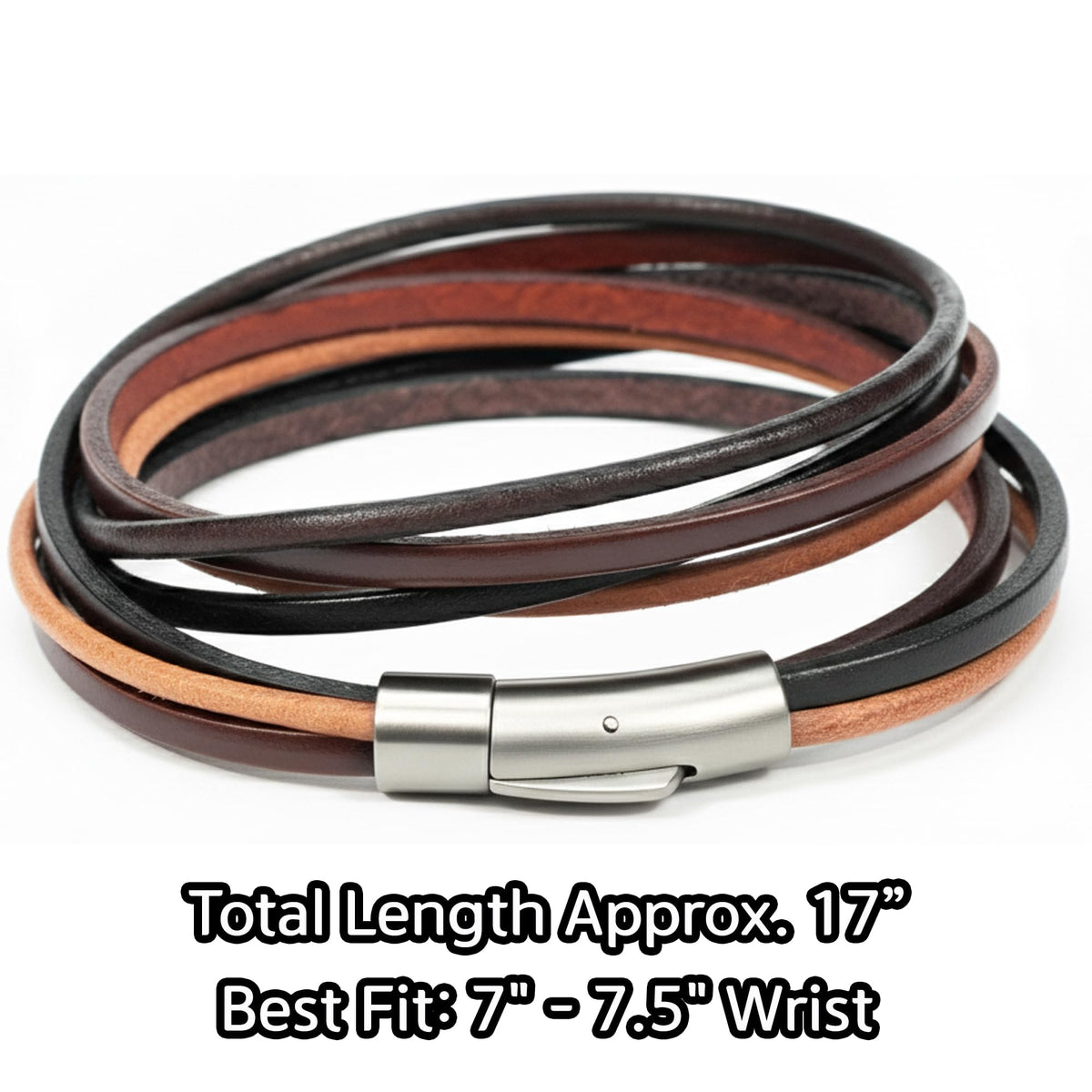 Leporem Unisex Genuine Cowhide Leather Wrap Bracelet Choker Minimalist Push-Lock Clasp Premium Surgical Steel Wristband 17.7 Inch Mixed Gift Box (Mixed, 17.7 Inches)