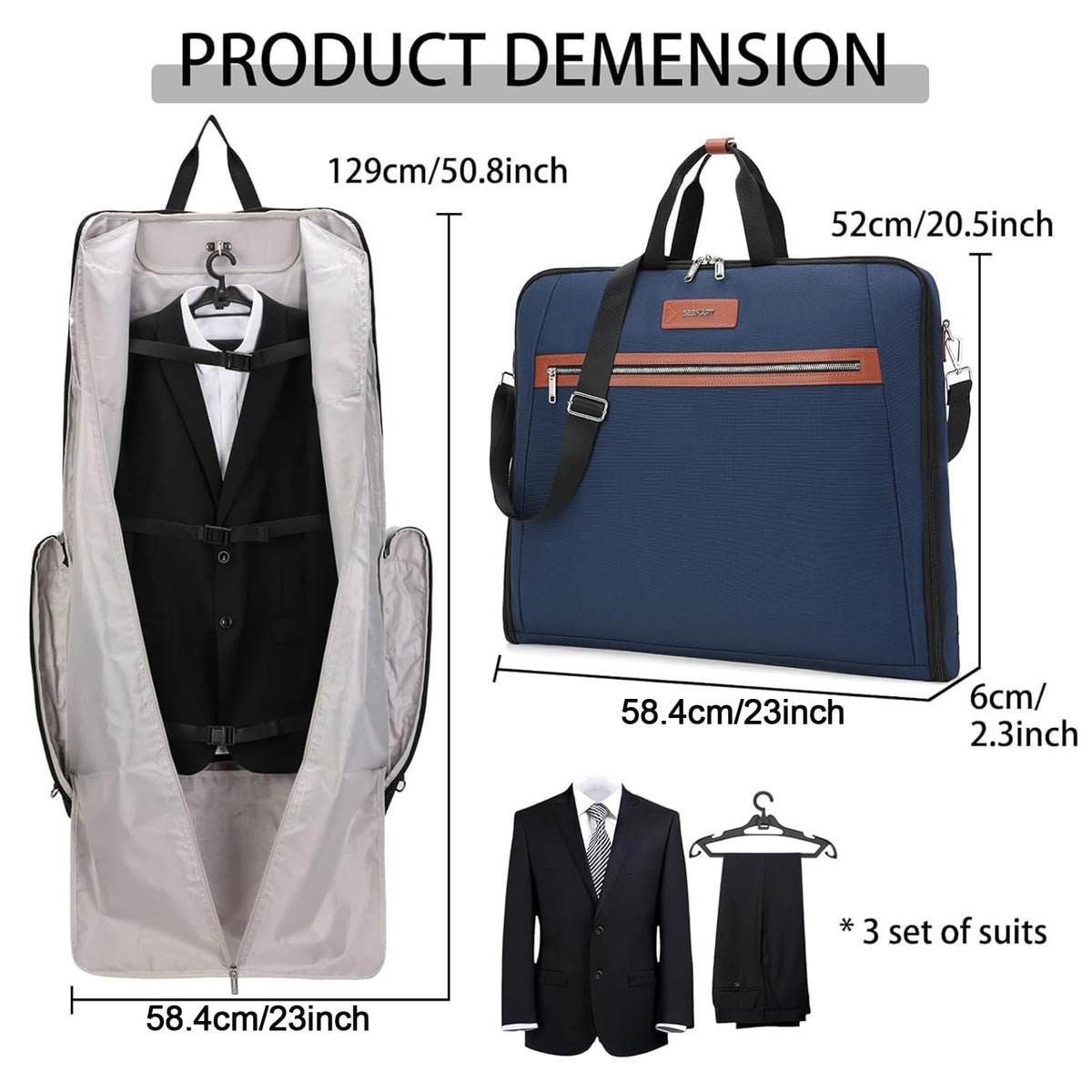 BE SMART Waterproof Foldable Garment Bags for Travel, 51" Large Travel Hanging Bags for Clothes, Carry on Suit Bag with Strap for Men Women, Wrinkle Free Luggage Suit Cover for Business Trips(Blue)