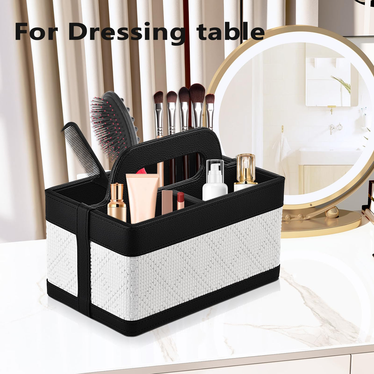 RHCSZ Desk Organizer Caddy with Handle-Portable PU Leather Remote Control Holder-Nightstand Dresser Tote Storage for Sunglasses,Comb,Small iPad,Pen,Heater Controllers,Cosmetics and Office Supplies